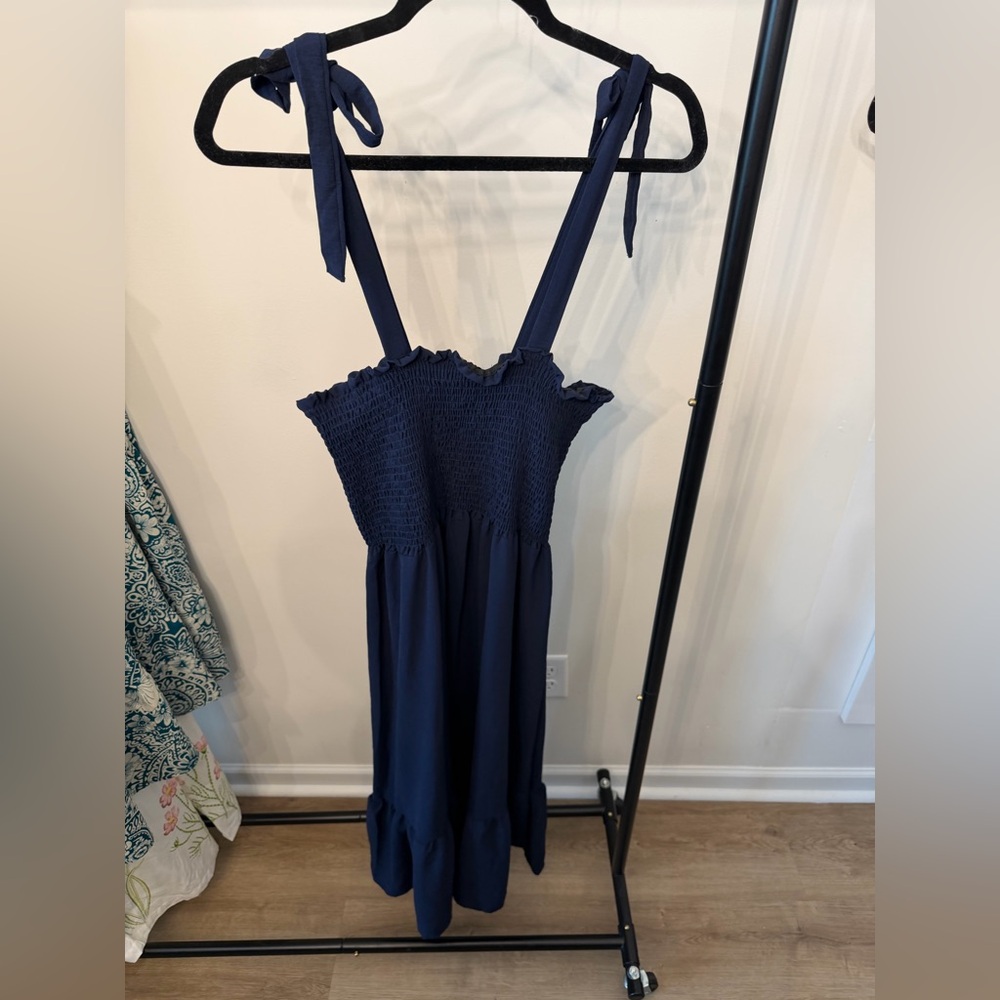 Beeson River Navy Blue Smocked Midi Dress with Tie Straps